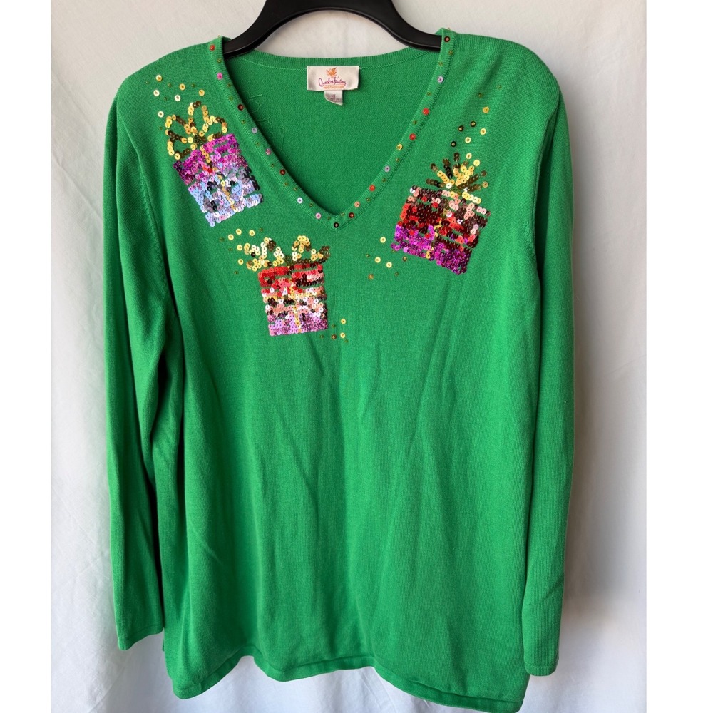 Quacker Factory V-Neck Grandma Ugly Christmas Sweater Green Holiday Womens 1X